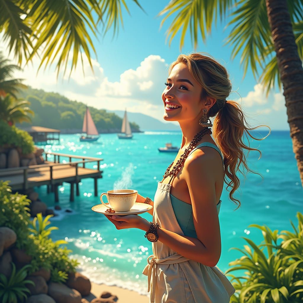 Joyful Barista at Ocean's Edge in Dreamy Style