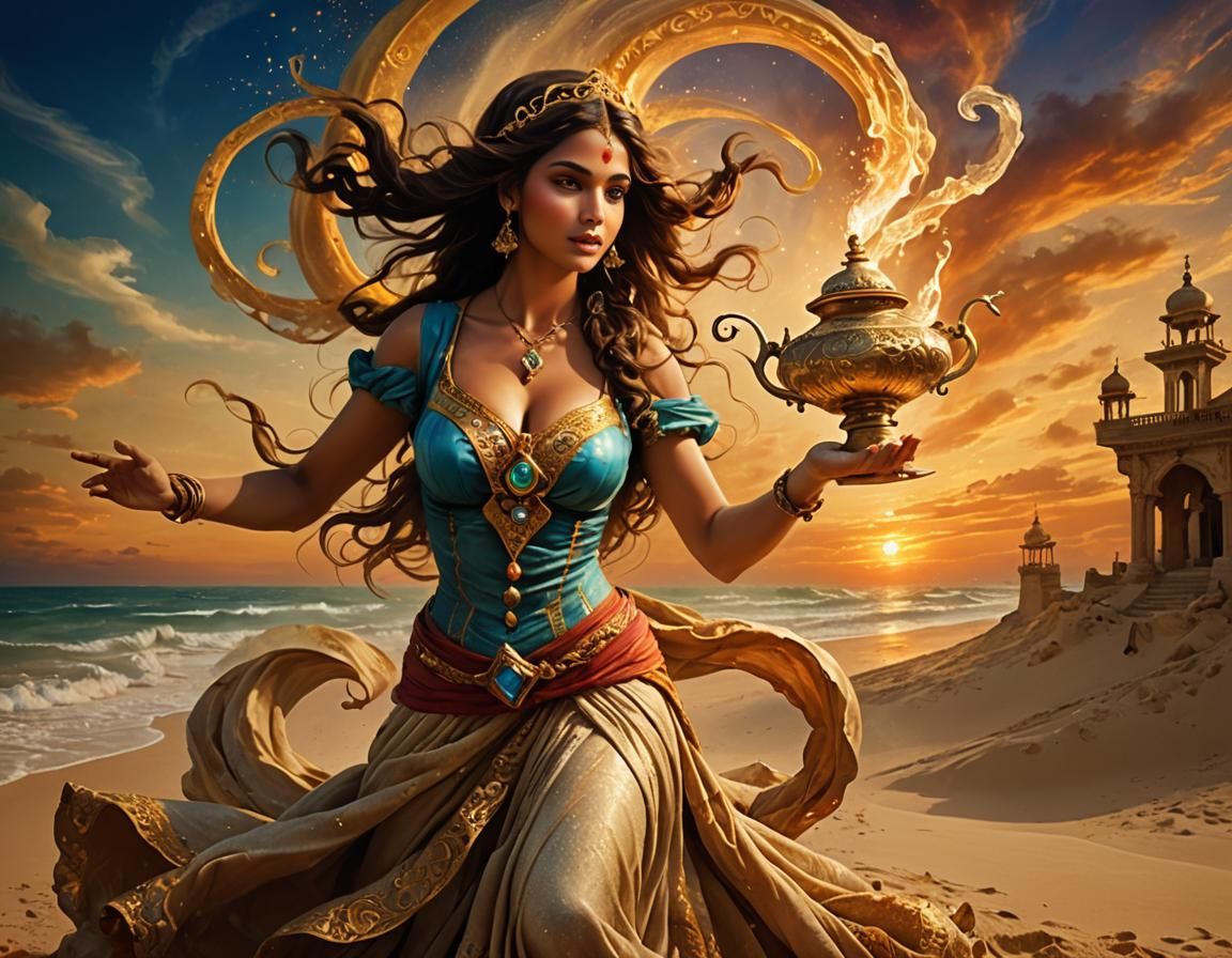 A beautiful beach woman genie emerging from an antique Aladdin's lamp in a whirlwind of sand at sunset :: The genie's fo...