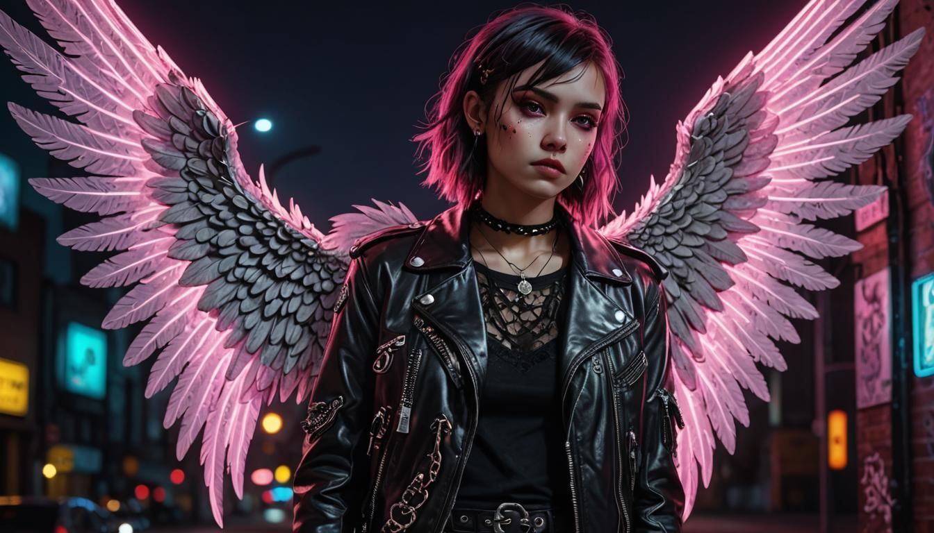 Heartpunk Angel with Neon Wings in Hyperrealism