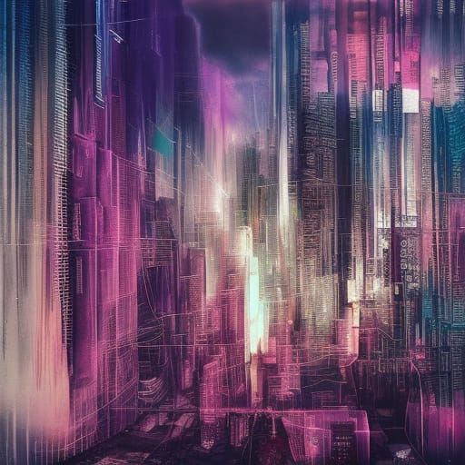 Cyberpunk Jesus: Double Exposure Watercolor Skyline