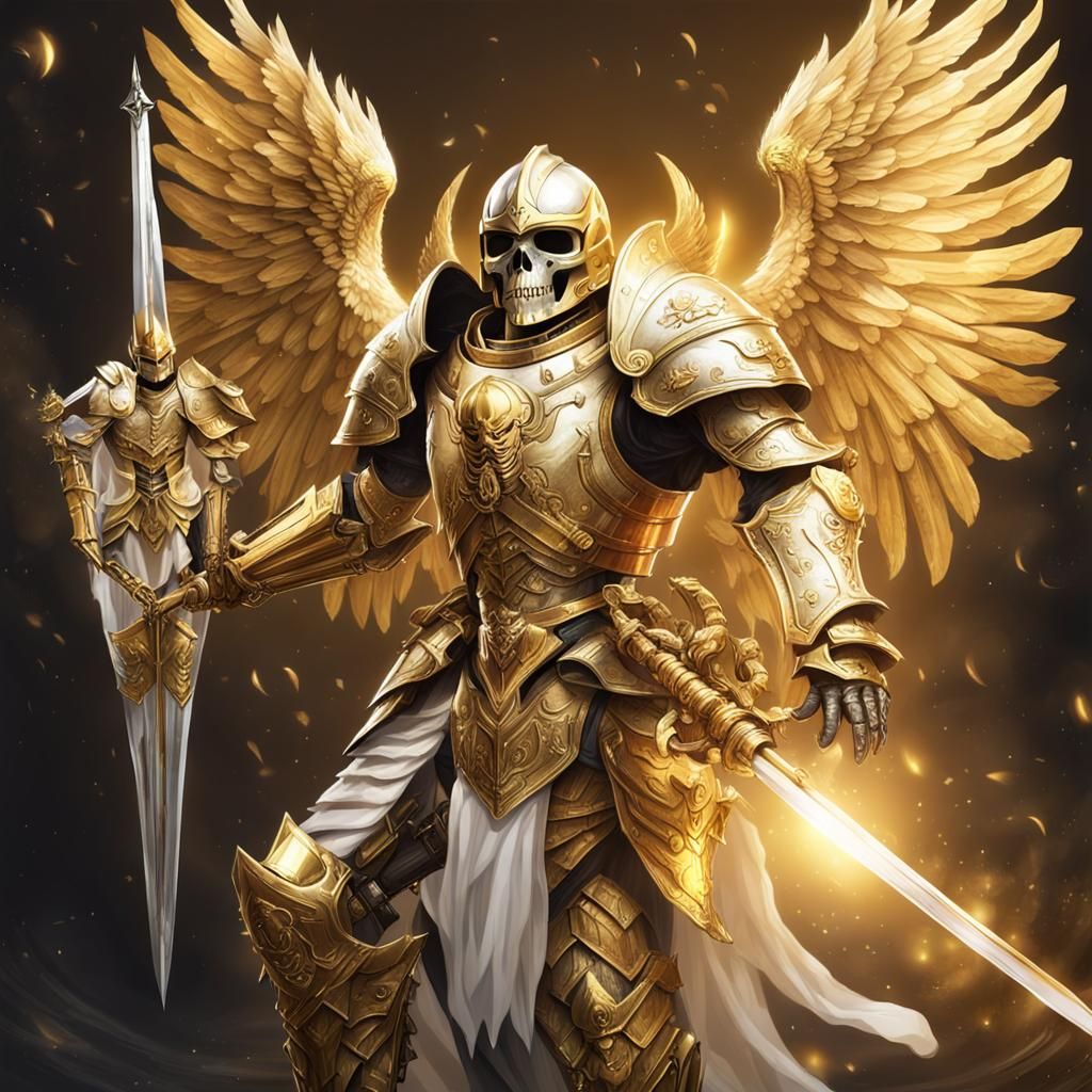 Angelic Paladin Skeleton on Griffon with Golden Armor
