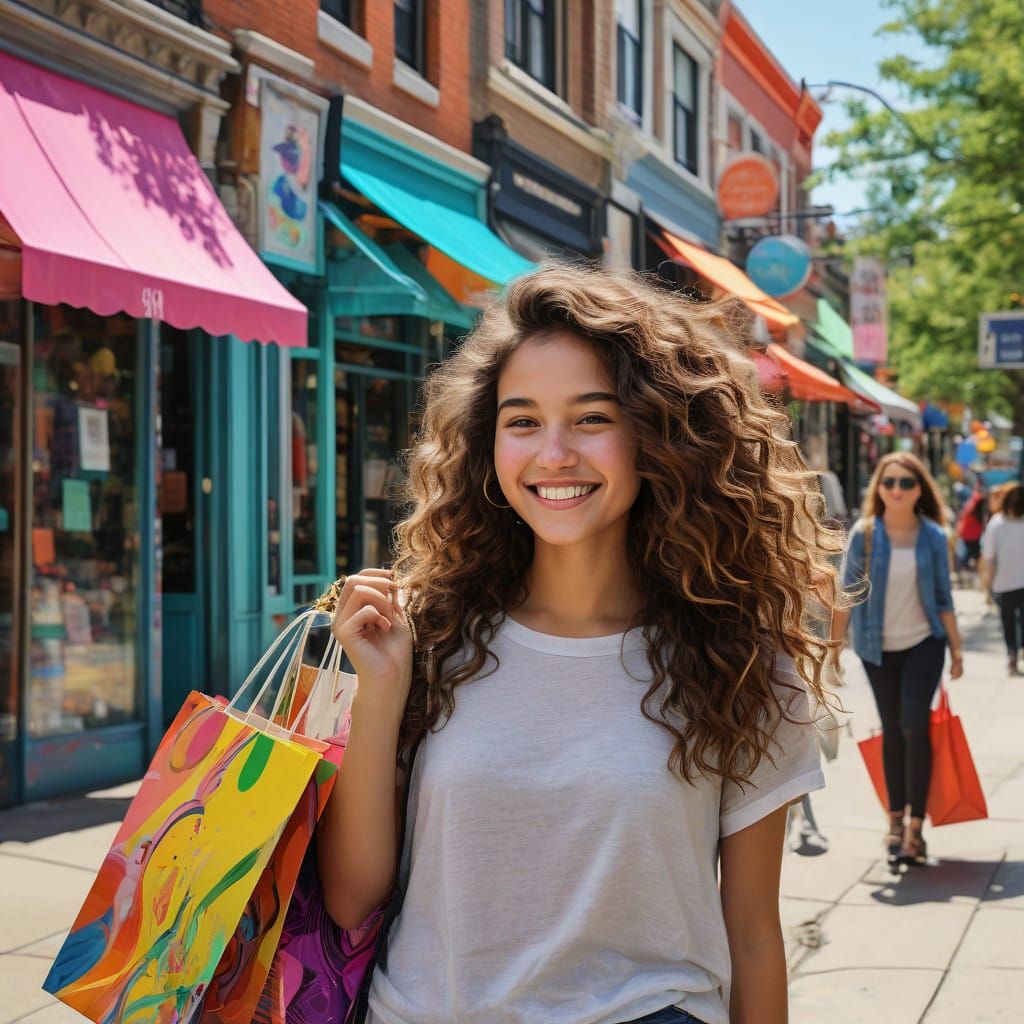 Vibrant Urban Shopping Scene in Whimsical Illustrative Style