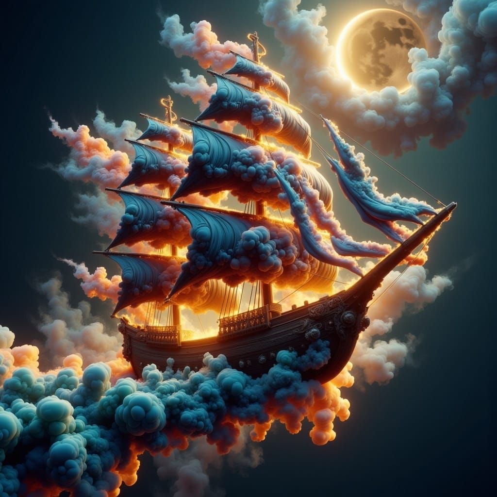 Smoke Pirate Ship Sailing Cloud Waves