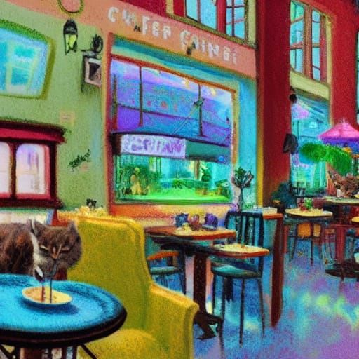 Cozy Cat Cafe in Whimsical Digital Art Style