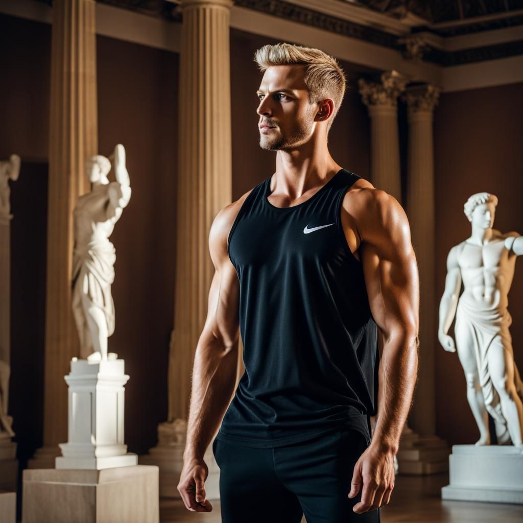 Athletic handsome man with bonde hair in a museum
