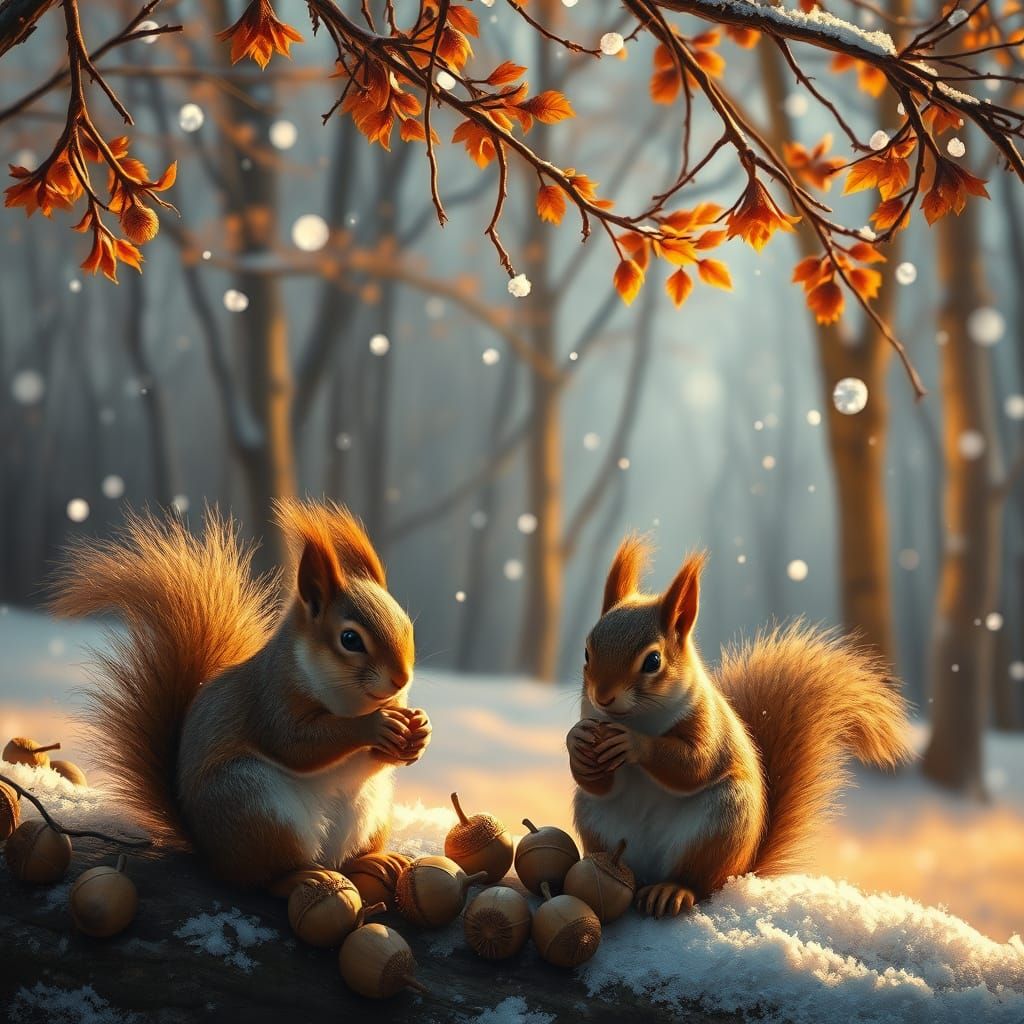 A pair of squirrels gathering acorns beneath amber trees as ...