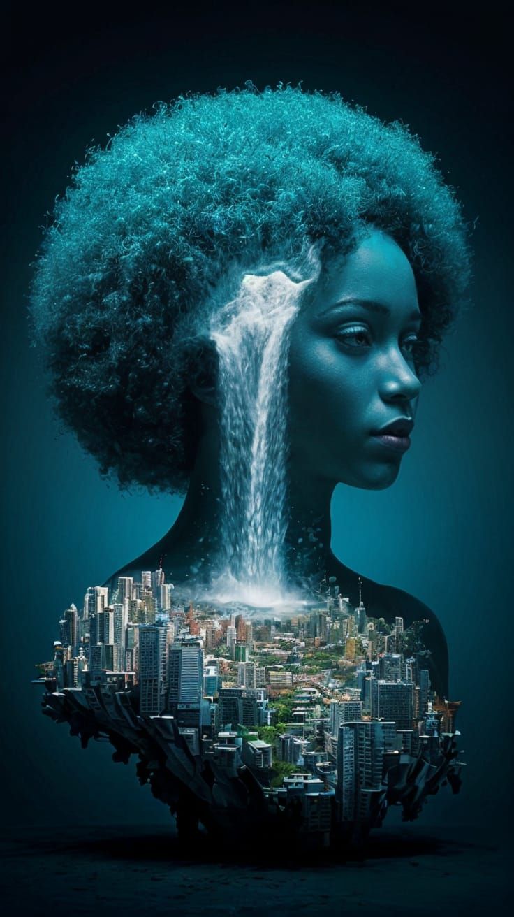Surreal Teal Afro Goddess with Waterfalls in Her Mind