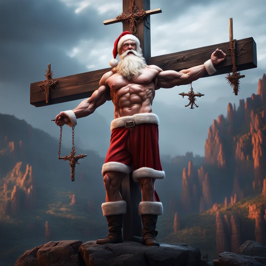 Muscular Santa Claus Crucifixion: Detailed Matte Painting