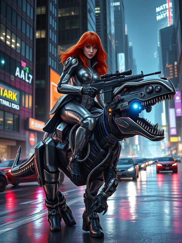 Cyberpunk Triceratops Patrol in Futuristic Cityscape