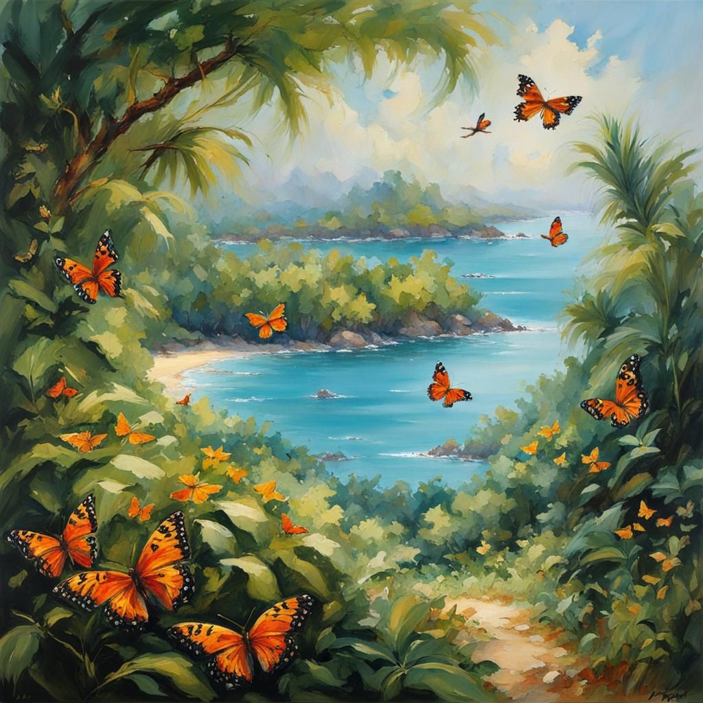 Lush Island View with Butterflies in Splash Art