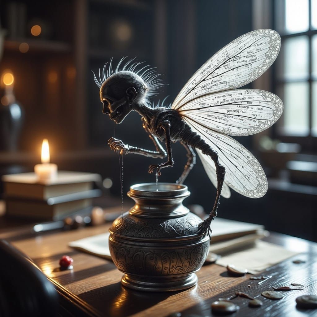 Ink Fairy on Inkwell with Calligraphy Wings