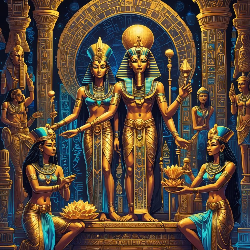 Egyptian Priests Offering Lotus Flowers in Blacklight Paint