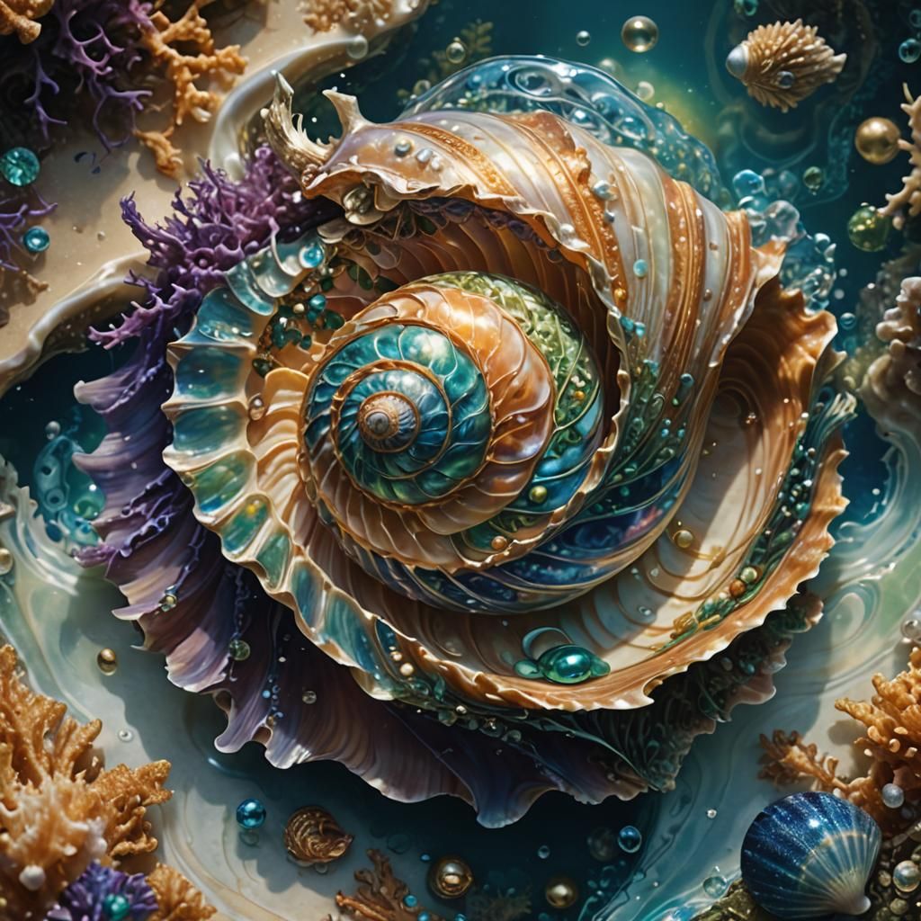 Ornate Shell Floating Among Seaweed: Fantasy Concept Art
