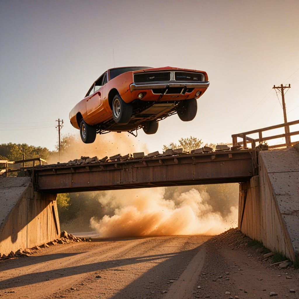 Dodge Charger Jumps a Broken Bridge in Golden Hour