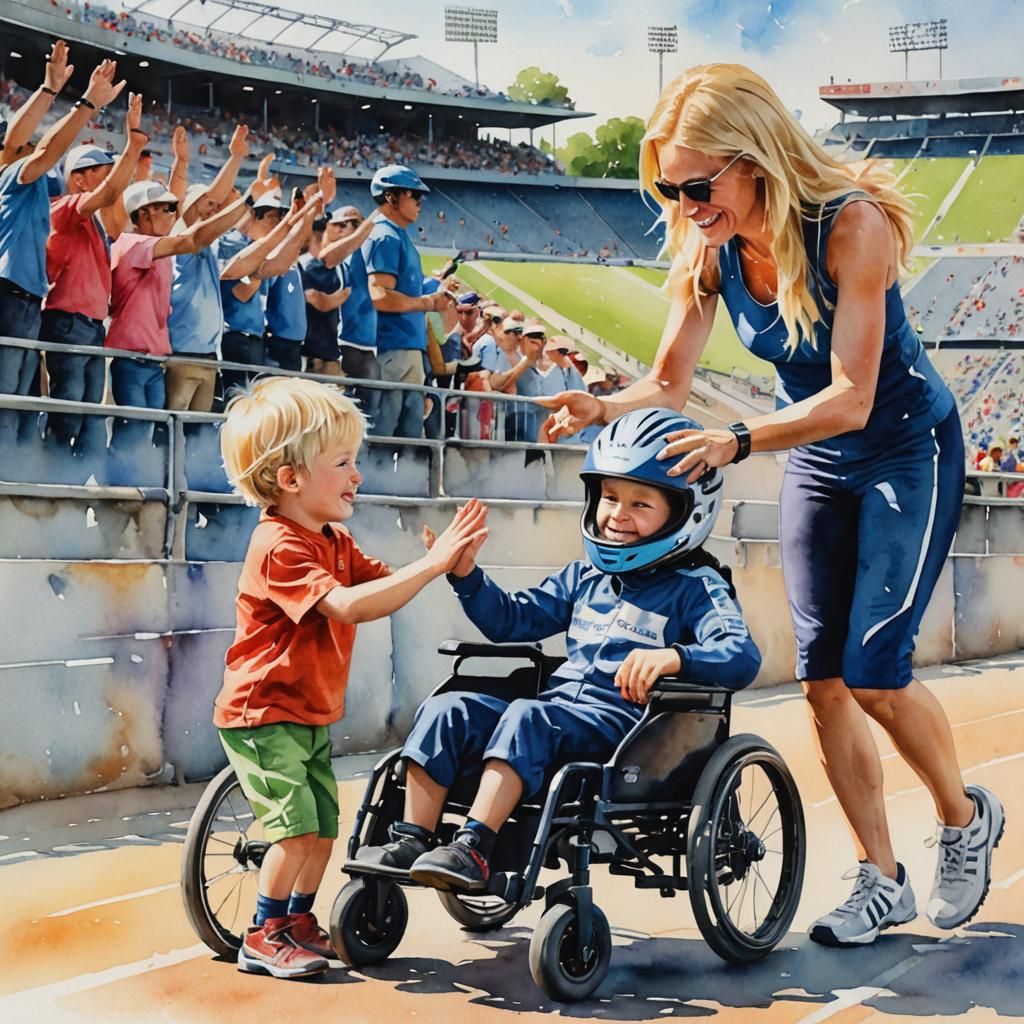 Vibrant Watercolor of Disabled Racer High Five