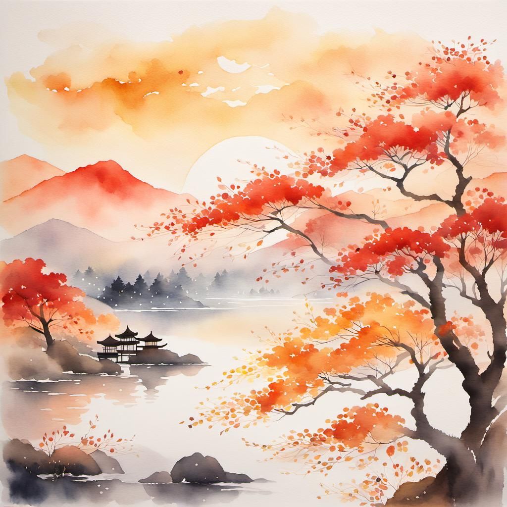 Golden Leaves Dance: Japanese Watercolor Autumn Evening