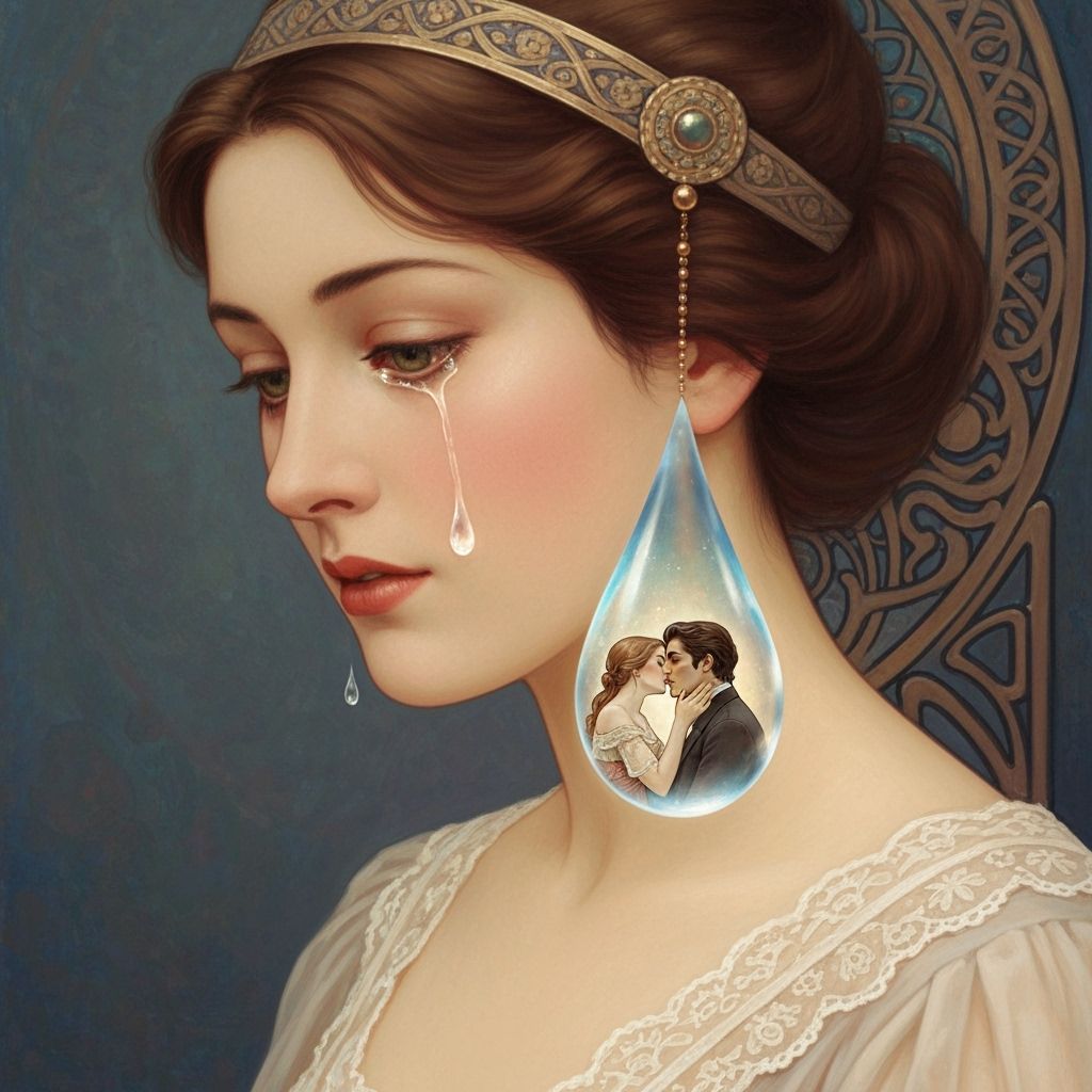 Woman's Luminous Teardrop Reflects Tender Kiss: Art Nouveau