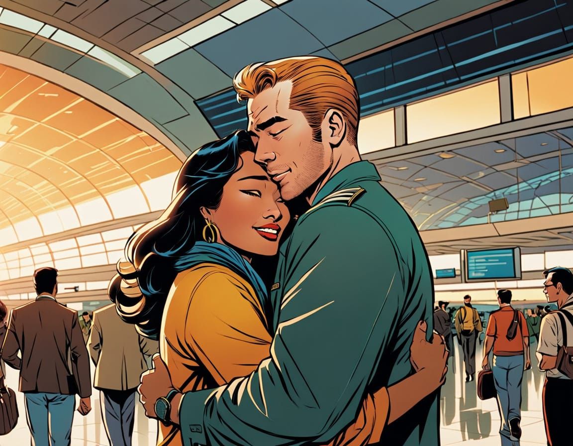 Airport Reunion in Comic Book Style