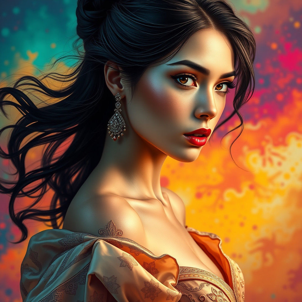 Striking Woman in Elegant Gown: Splash Art Portrait