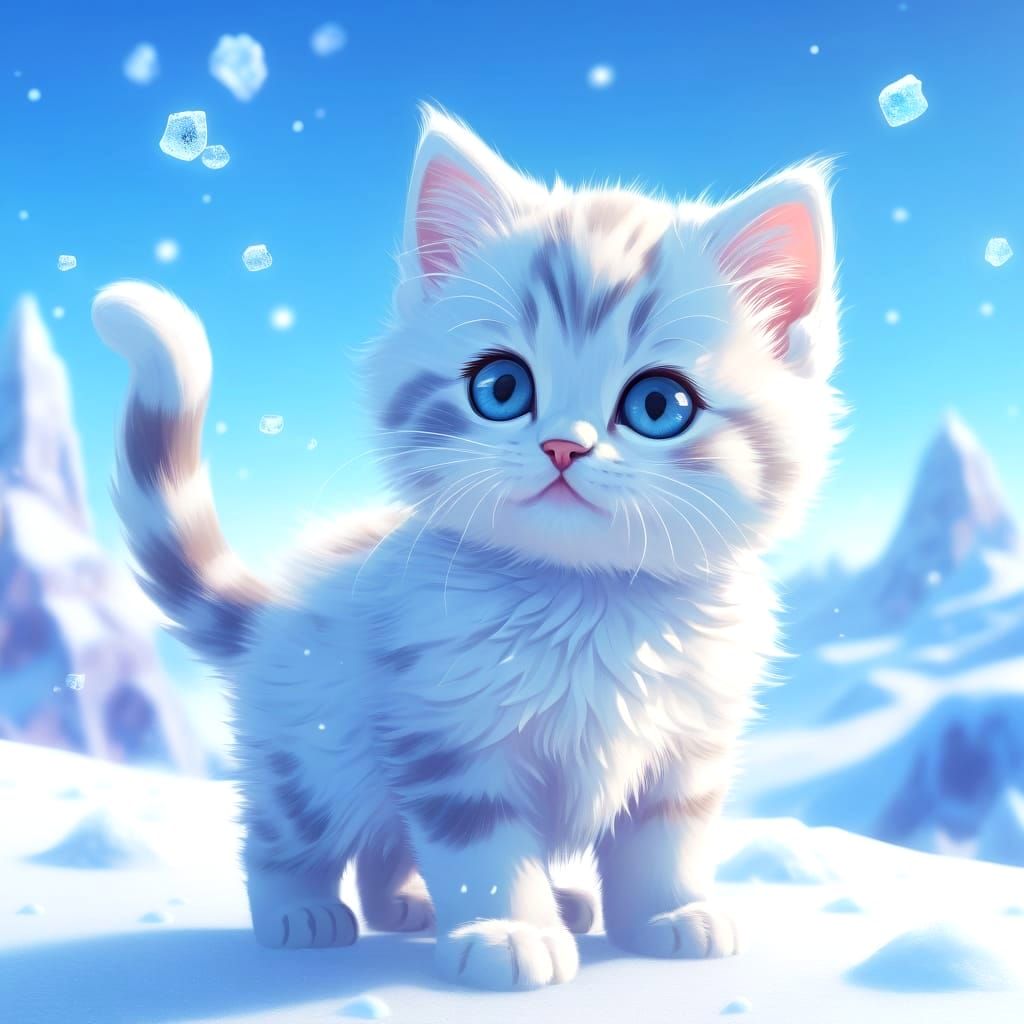 Kawaii Kitten Explores a Frozen Landscape