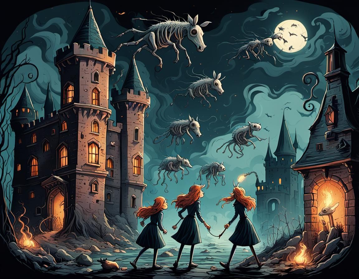 Gothic Girls and Cartoon Horse Illustration