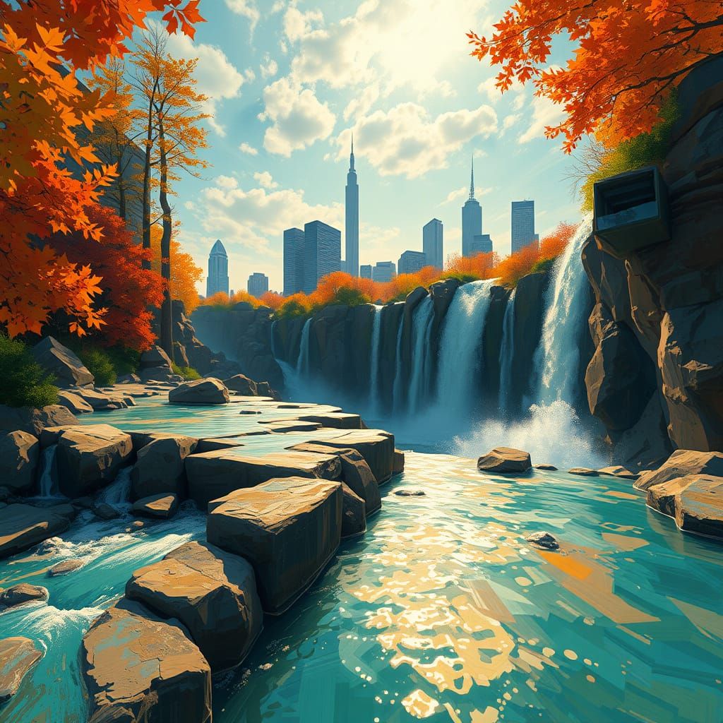 Impasto Cubist Waterfall Landscape with Urban Glow
