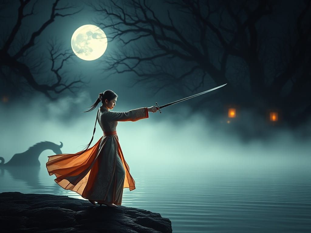 Ethereal Woman in Cheongsam, Sword in Hand, under Moonlit Po...