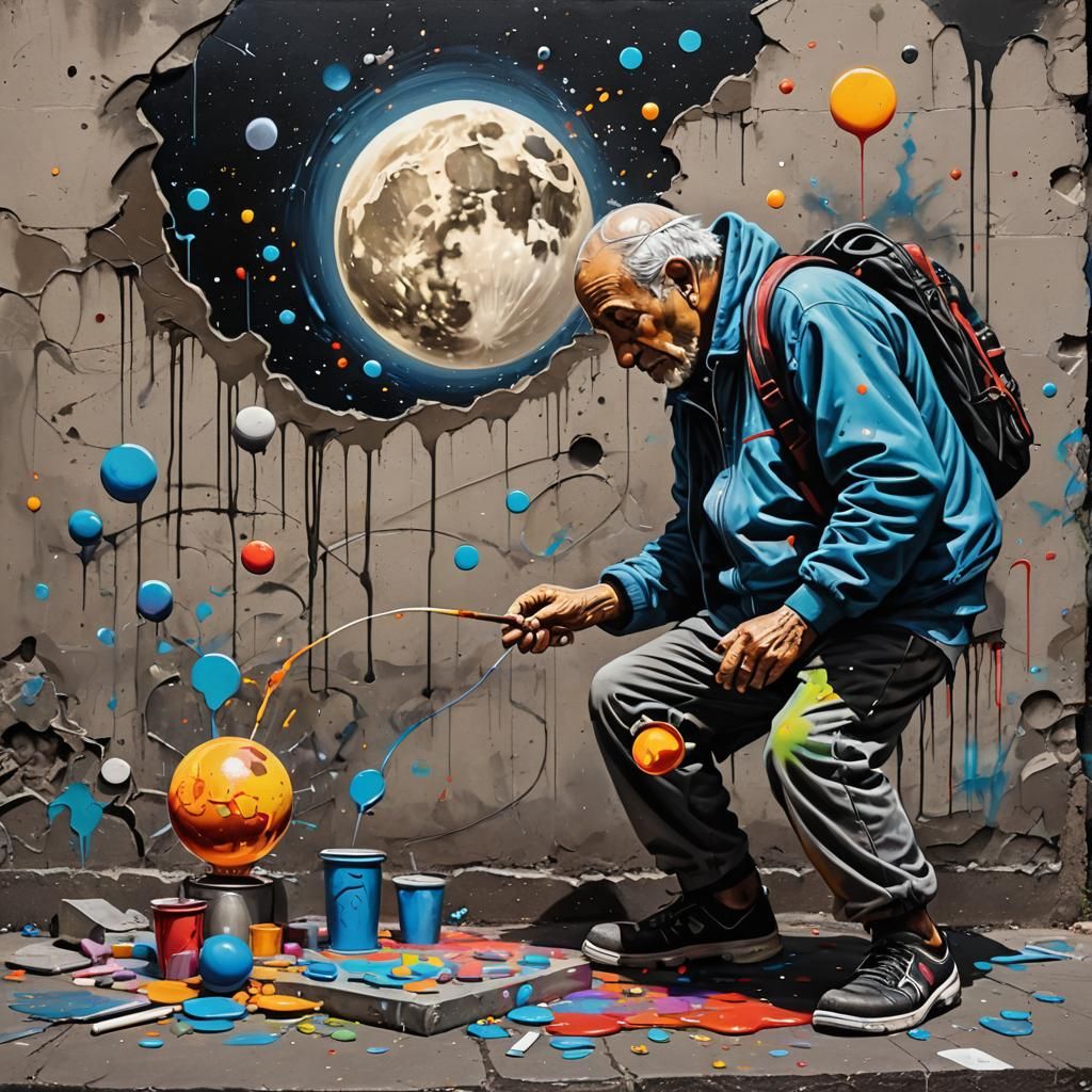 Elderly Man Plays Boules on Moon in Graffiti Art