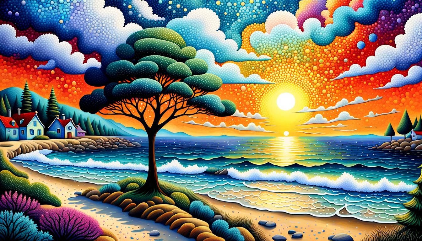 Pointillist Seascape Sunrise with Fractal Smoke Art