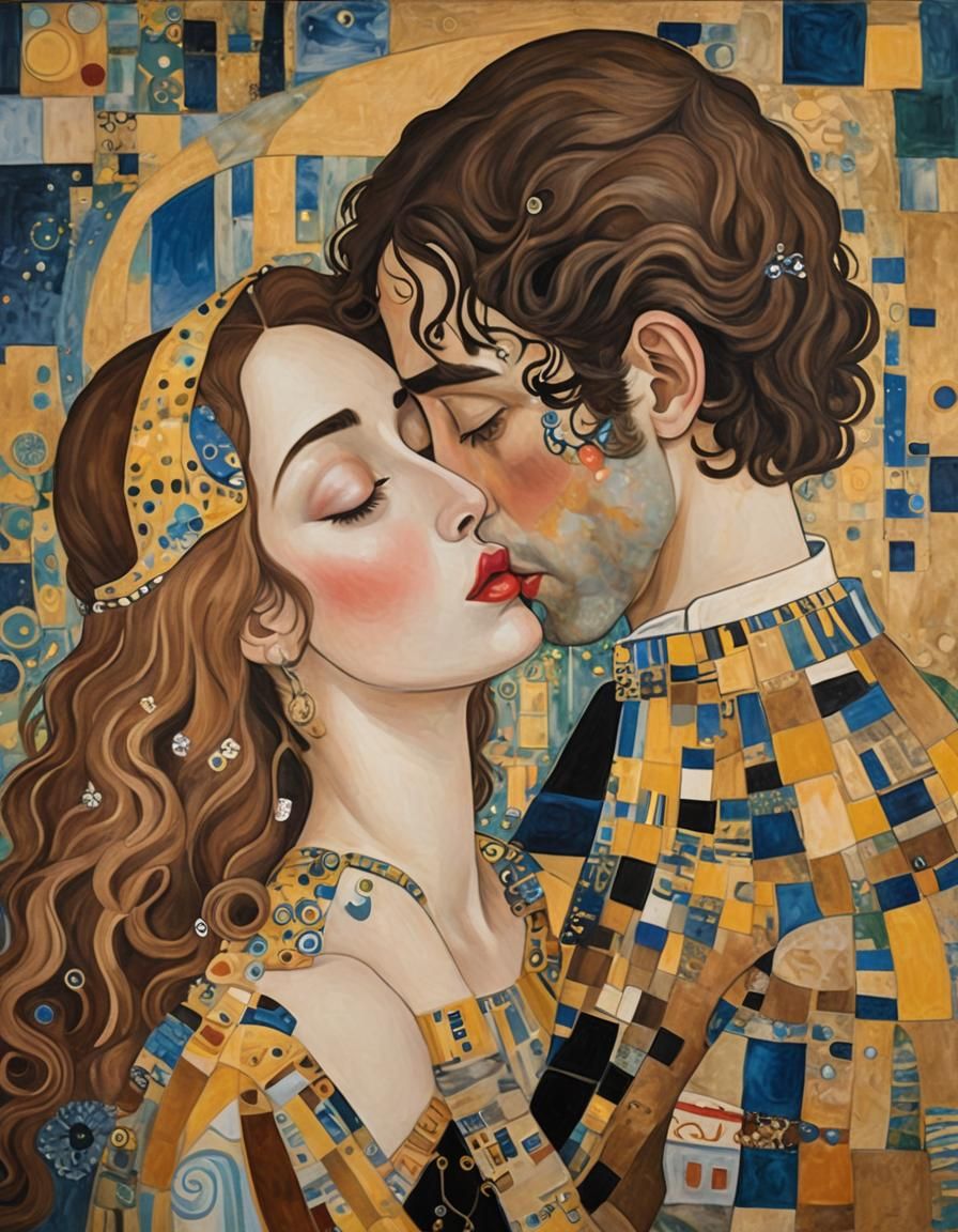 Romantic Kissing Couple in Abstract Golden Style