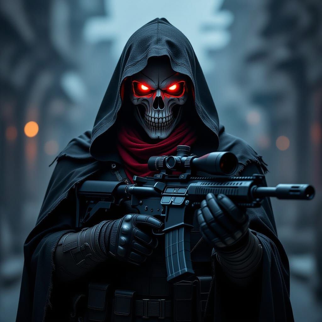 Menacing Sniper in Skull Mask with Red Eyes