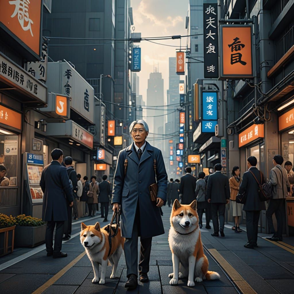 Professor and Hachiko at Shibuya Station: Fantasy Art