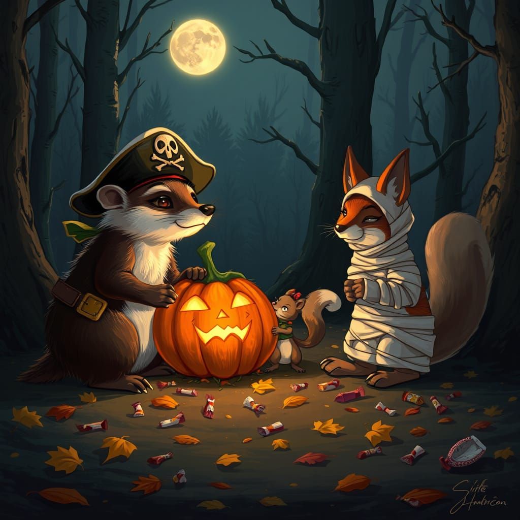 Woodland Creatures in Costumes Around a Jack-o'-Lantern