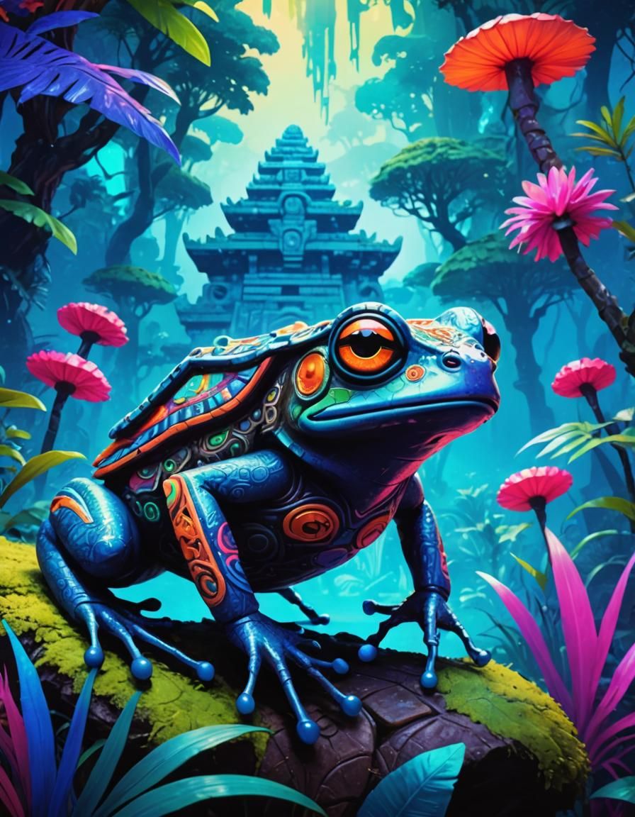 Neon Manga Frog Golem in Aztec Jungle
