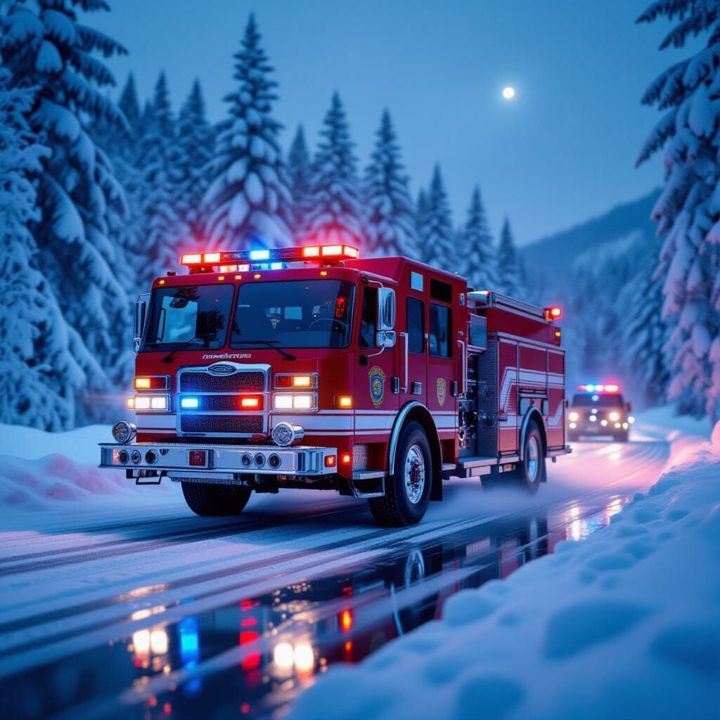 Fire Engine Races Through Snow in Cinematic Style