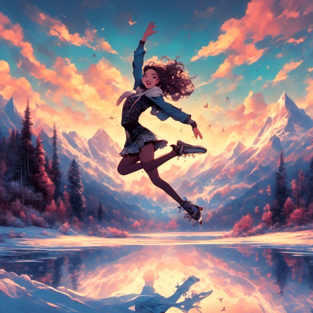 Figure Skater's Sundown Leap in Gothic Cartoon Style