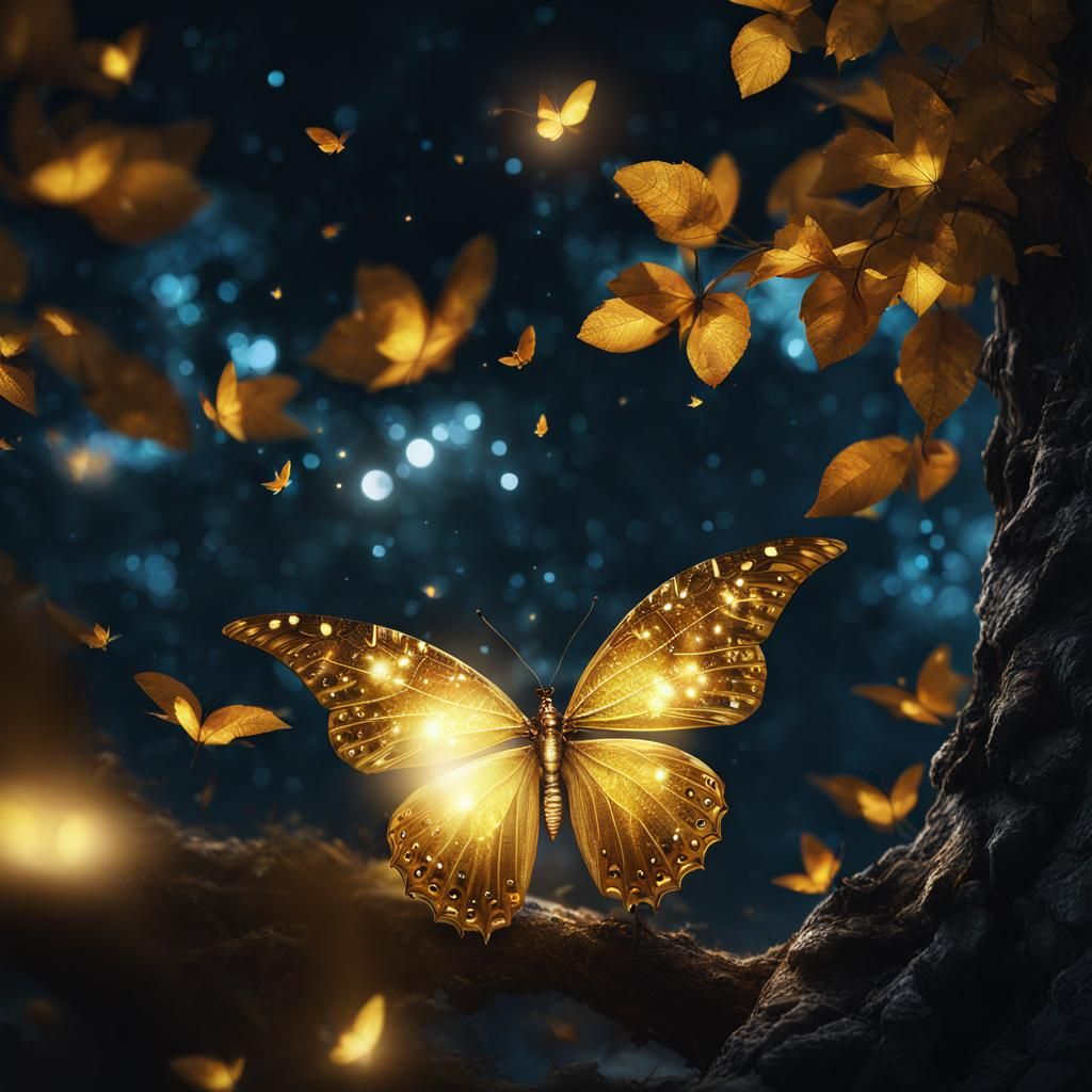 Mystical Golden Butterfly Double Exposure at Moon Night