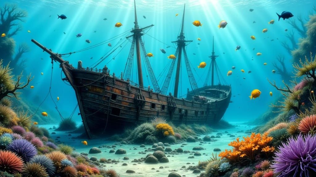 Sunken Shipwreck Scene with Colorful Fish in Hyperrealism