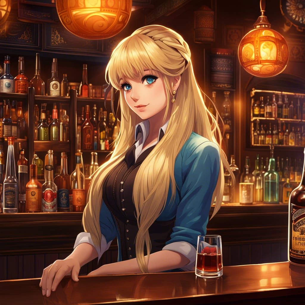 Anime Bartender Girl in Cozy Bar Interior