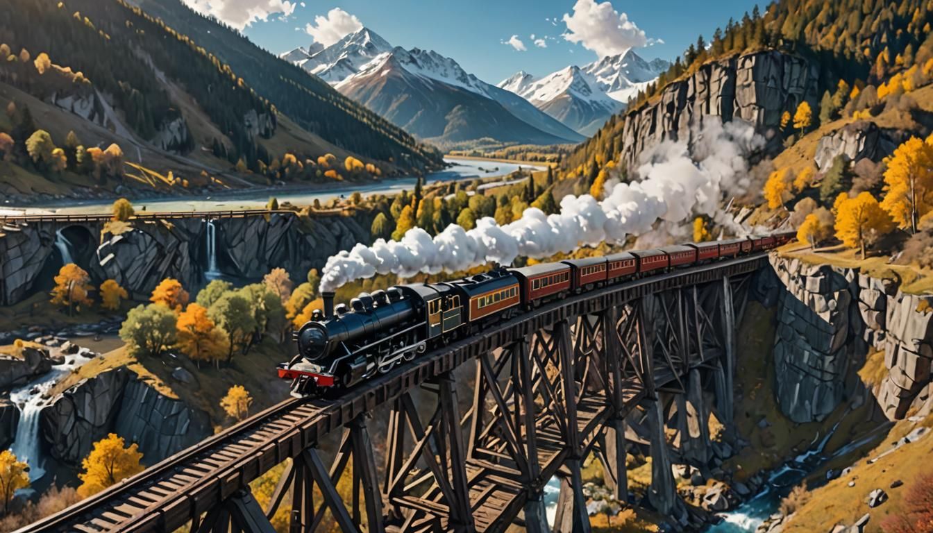 Steam Train on Old Bridge: Hyperrealistic Splash Art