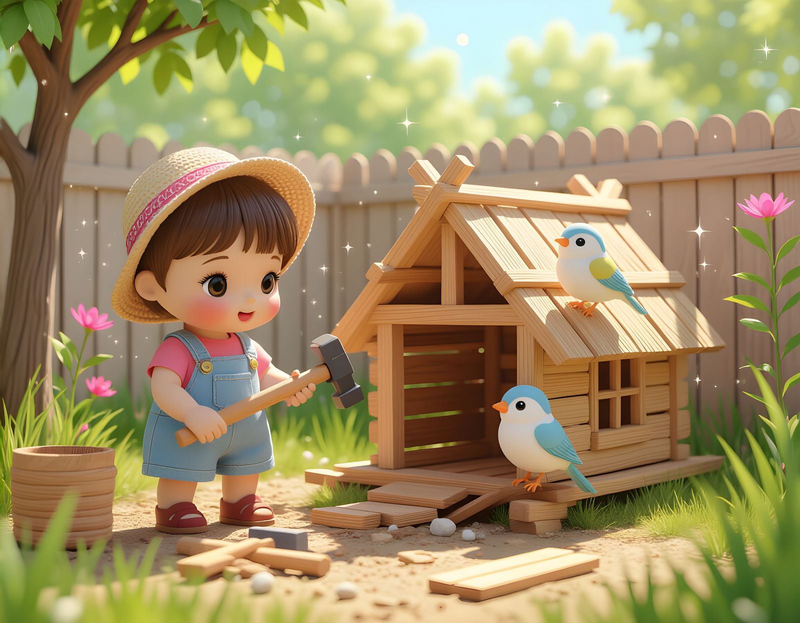 Charming Doll and Bird Garden Hut in Sumi-e Style