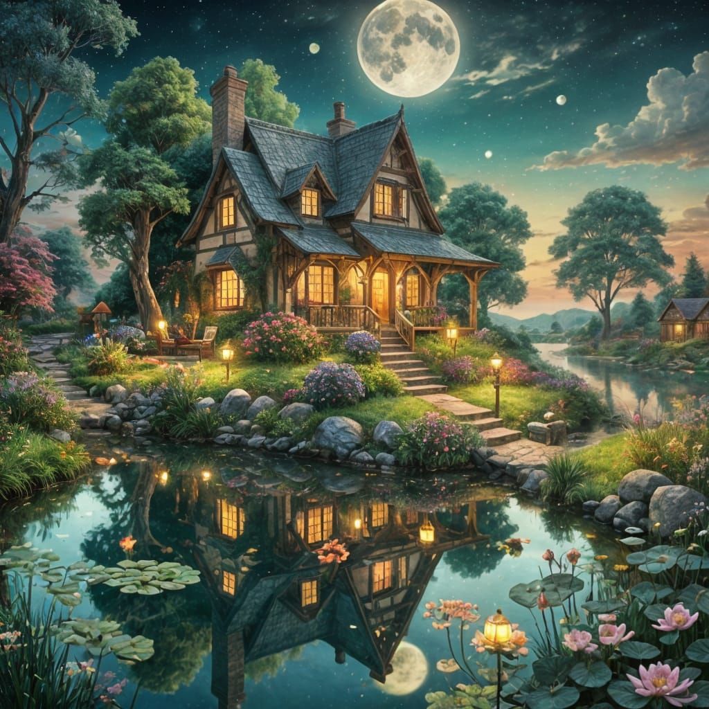 Ethereal Summer Cottage Scene under a Brilliant Full Moon