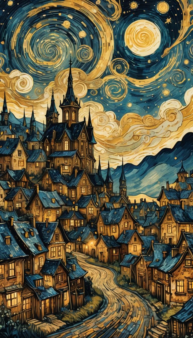 Steampunk Village Under Starry Night Sky as Ink Painting
