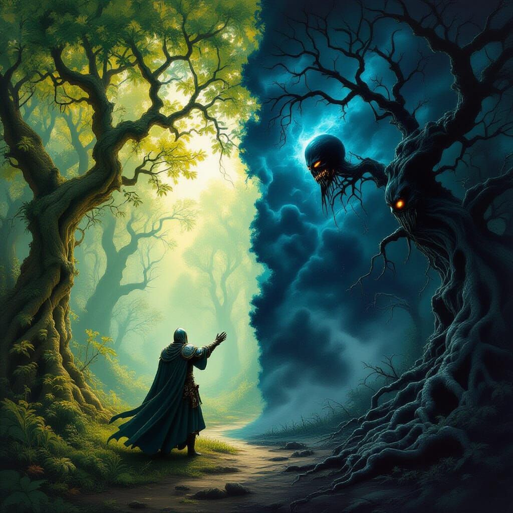 Fantasy Forest Divided by Cosmic Horror in Baroque Style