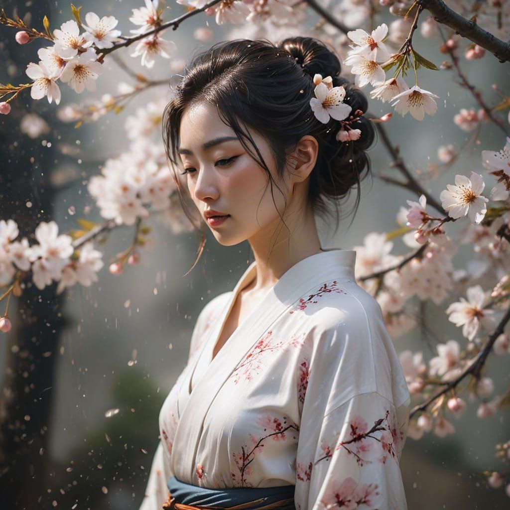 Soft Focus Wet Watercolor Painting of a Woman in a White Kim...