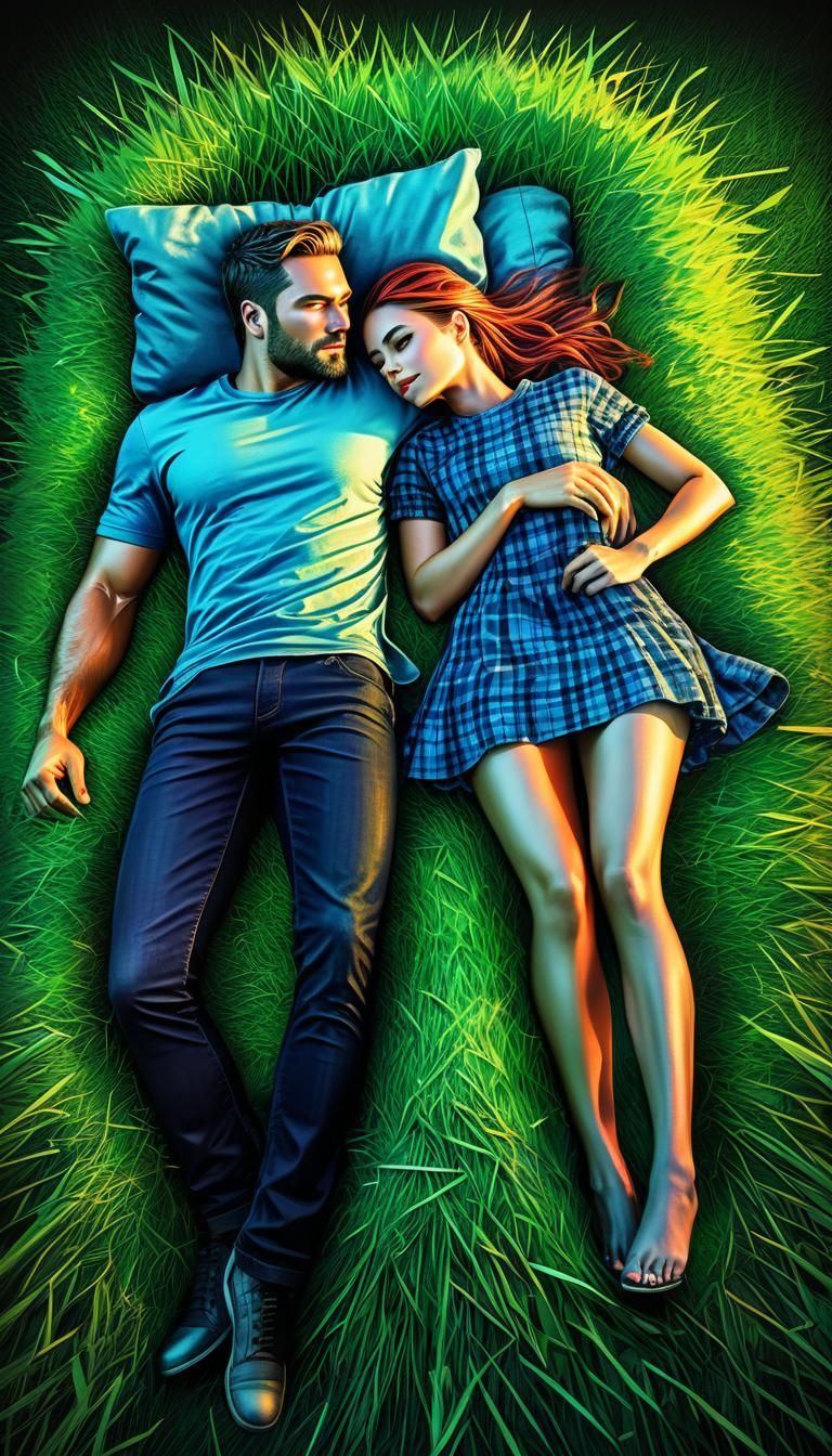 Romantic Couple in Field: Fantasy Comic Illustration