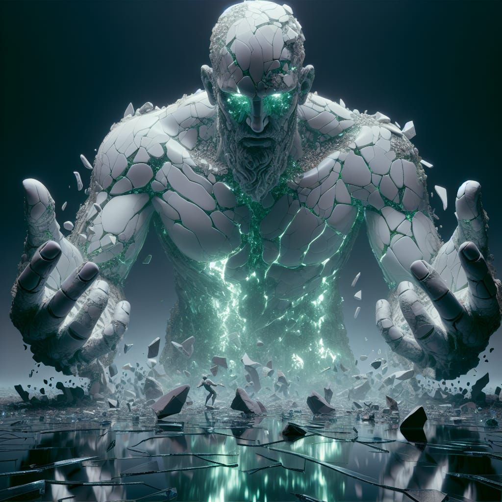 Shattered Golem in Porcelain, 3 Faces, Ghostly Glow