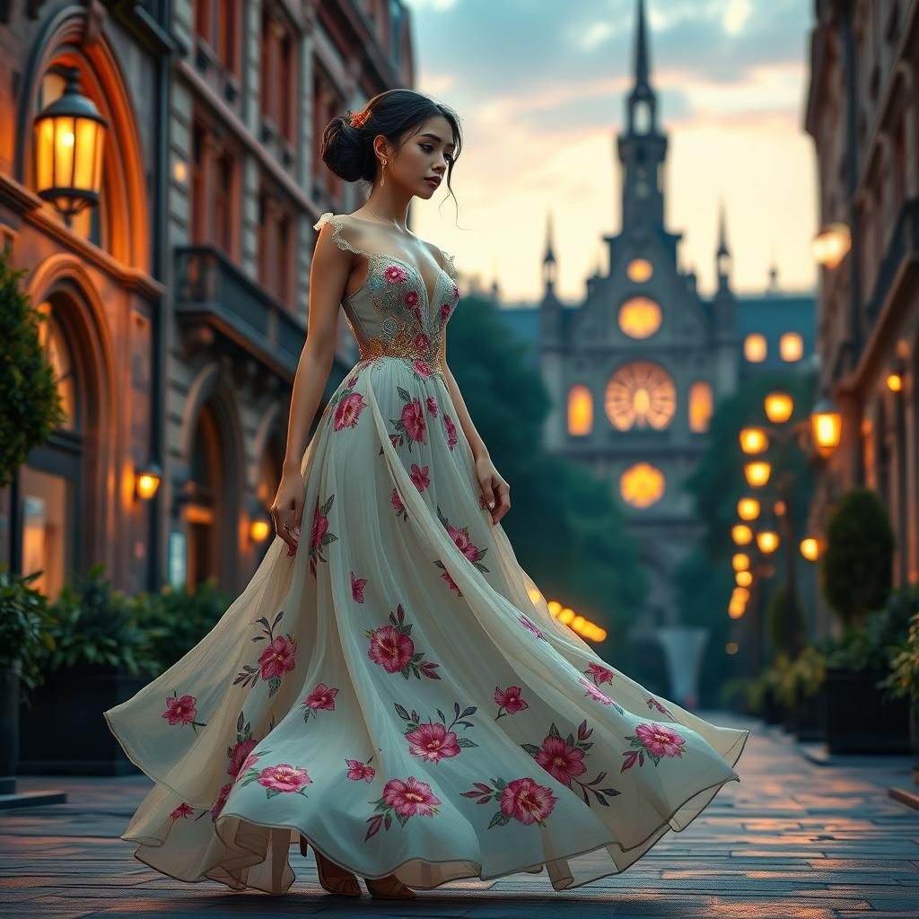 Woman in Floral Gown Walking Gothic Street