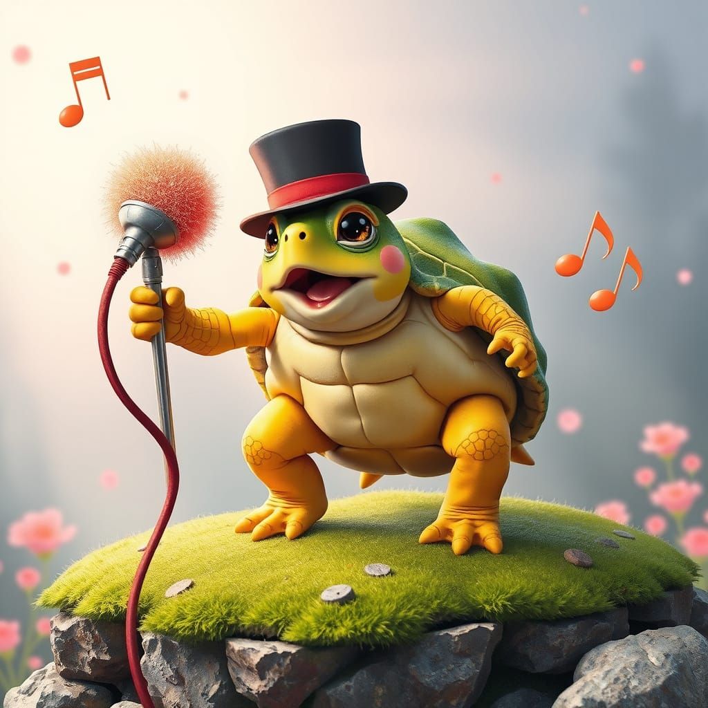 Singing Turtle on Stage in Whimsical Style