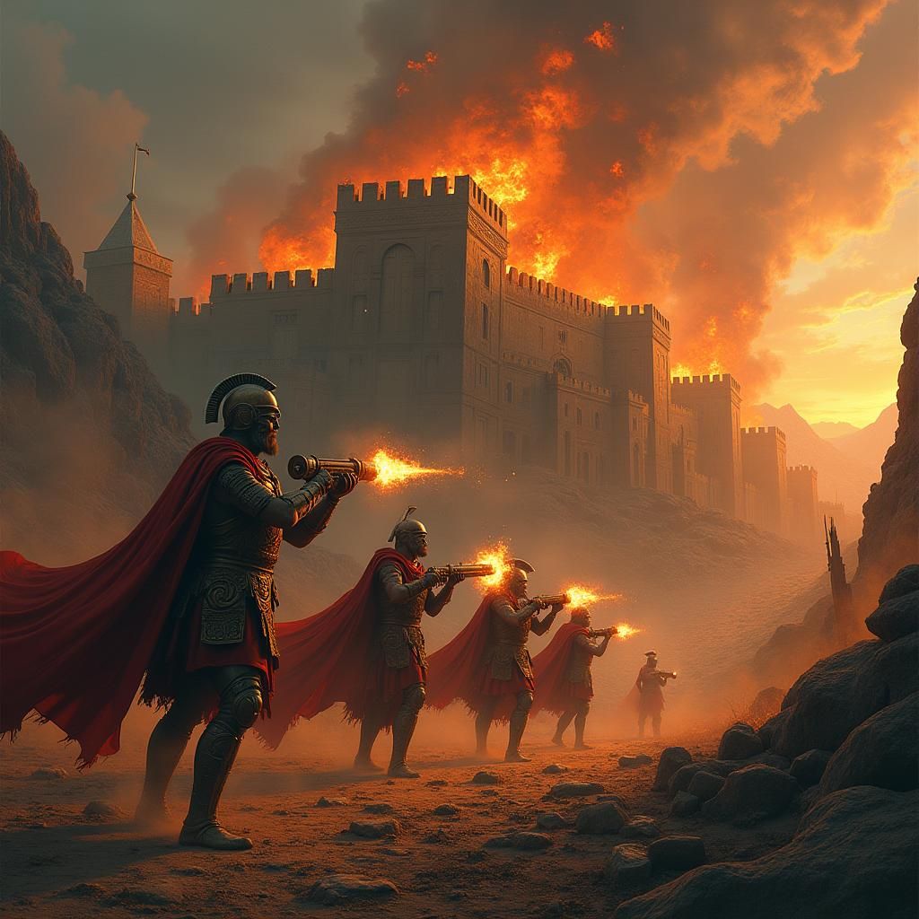 Greek Warriors Besiege Fortress with Flamethrowers